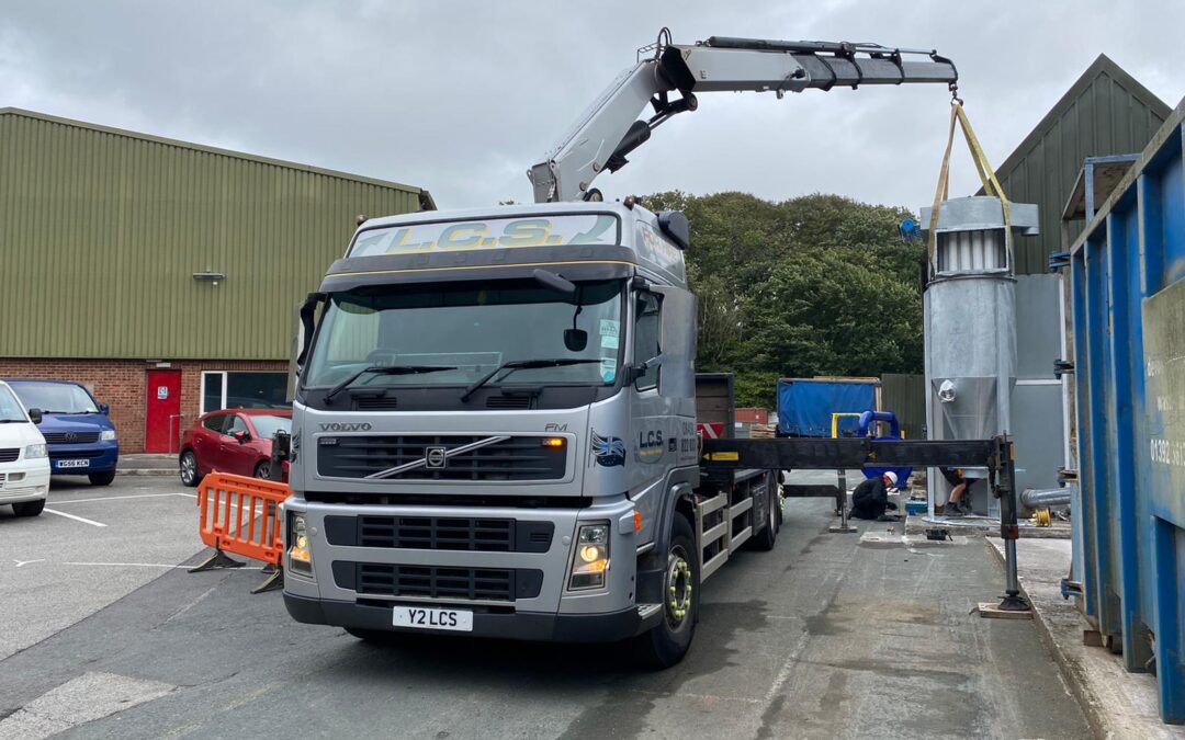 Crane transport of large dust collector to Newquay, Cornwall