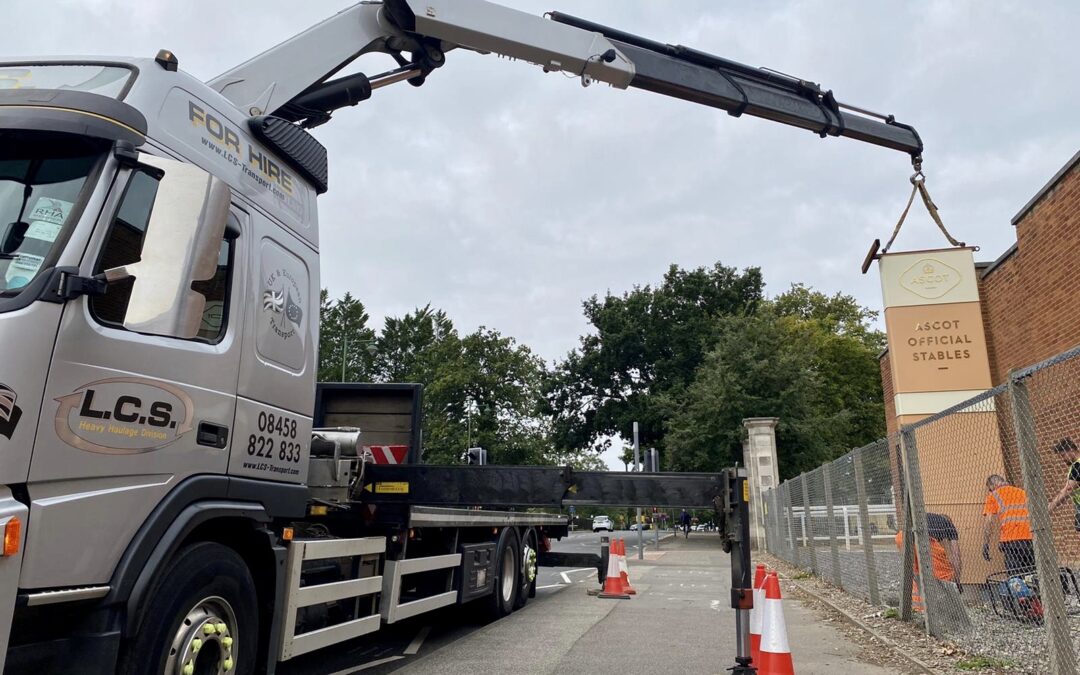 Hiab / Crane installation of sign ready for Ascot races