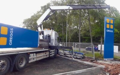 HIAB delivery and installation of Greggs sign to Newcastle