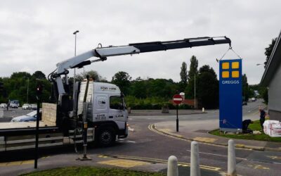 HiAb installation of Greggs Sign in Barnsley