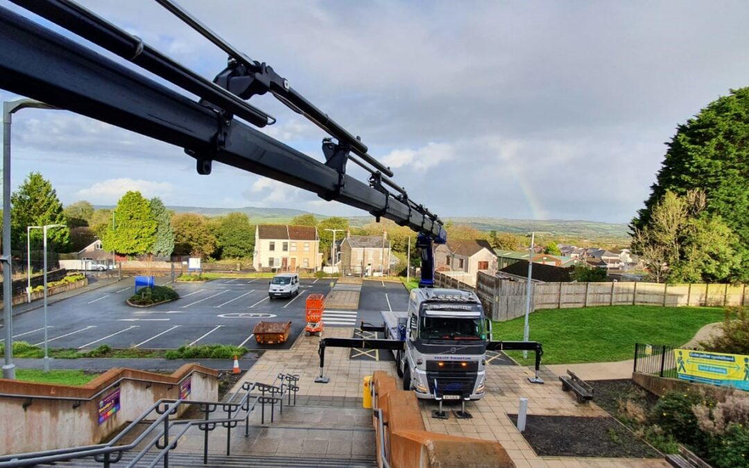 Hiab delivery of timber to Wales – first front lift in full swing